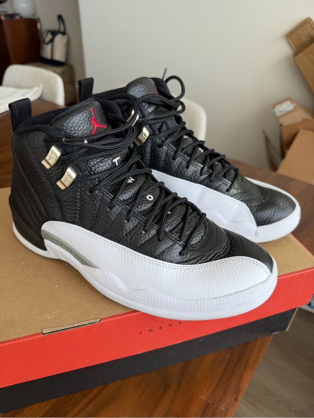 Jordan 12 Playoff  Black White Sneakers with Red Jumpman - Picture 2 of 4
